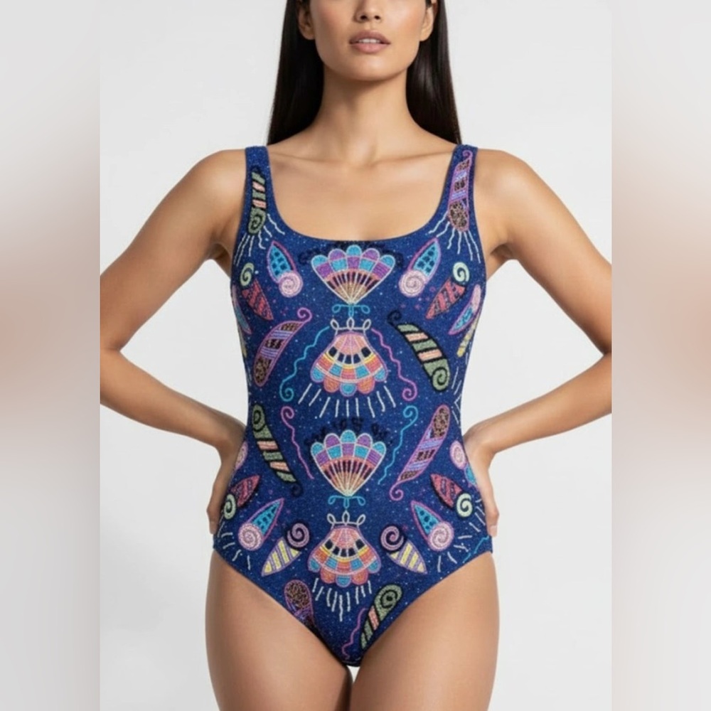 SOLD Oceanus x Zandra Rhodes Dream Shell Hand Beaded Swimsuit Purple Medium NWT